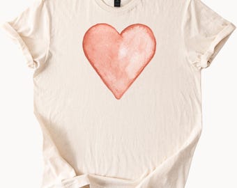 Watercolor Heart Shirt Tee Coral Pink Graphic T Shirt Womens Short Sleeve Top Beige Color