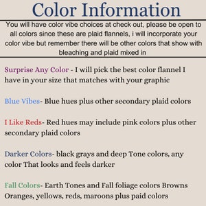 May include: Text explaining color choices for plaid flannel shirts. Options include Surprise Any Color, Blue Vibes, I Like Reds, Darker Colors, and Fall Colors. Each option describes the color scheme and includes details about the colors used.