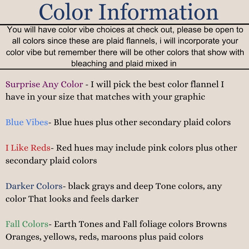 May include: Text explaining color choices for plaid flannel shirts. Options include Surprise Any Color, Blue Vibes, I Like Reds, Darker Colors, and Fall Colors. Each option describes the color scheme and includes details about the colors used.