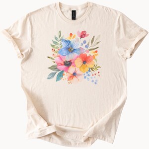 Watercolor Floral T Shirt Colorful Flower Graphic Tee Botanical Shirt Spring Blossom Top
