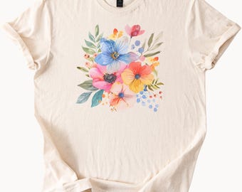 Watercolor Floral T Shirt Colorful Flower Graphic Tee Botanical Shirt Spring Blossom Top