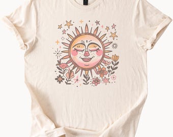 Camiseta bohemia con flores de sol, camiseta con gráfico celestial retro, camiseta estilo hippie