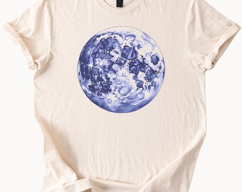 Blue Watercolor Moon Graphic T Shirt Celestial Space Art Tee Unique Artistic Lunar Design Soft Cream Shirt Astronomy Gift