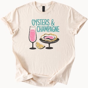 Austern und Champagner-Grafik-T-Shirt Spaß-Feinschmecker-Hemd mit Austern- und Getränkeillustrations-lässiges Fischliebhaber-Geschenk-T-Stück