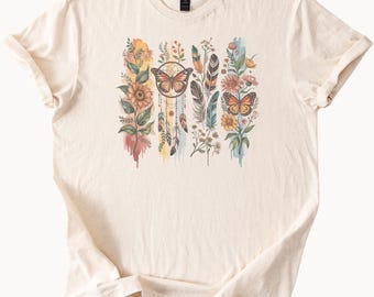 Boho Butterfly Dreamcatcher Flowers TShirt Nature Graphic Tee