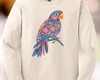 Colorful floral parrot graphic long sleeve shirt unique bird flower print cool tropical nature animal design comfy casual gift