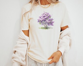 ライラックツリーシャツ 紫の花 自然グラフィックTシャツ 春の花