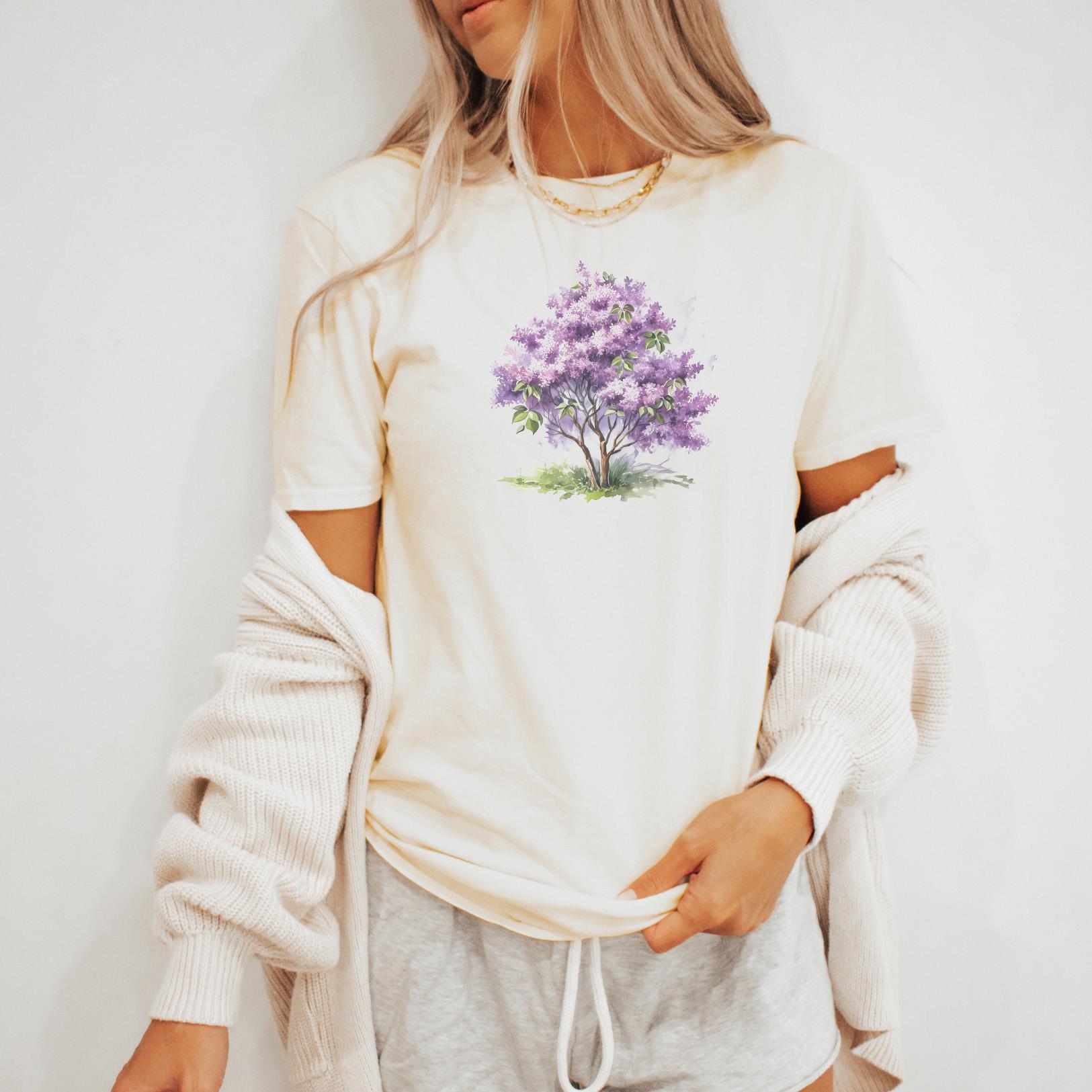 ライラックツリーシャツ 紫の花 自然グラフィックTシャツ 春の花