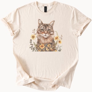 Fluffy cat with flowers graphic tee cute tabby surrounded by yellow daisies floral art shirt for cat lovers gift for her casual outfit
