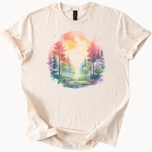 Watercolor Forest Path Graphic Tee Nature Trees Sunrise Sunset Art Shirt Colorful Scenic Outdoors Hiking Gift Woodland Landscape