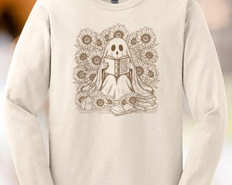 Ghost Reading Book Sunflower Shirt Spooky Season Pumpkin Aesthetic Graphic Long Sleeve Halloween Shirt Fall Cozy Book Lover Tee