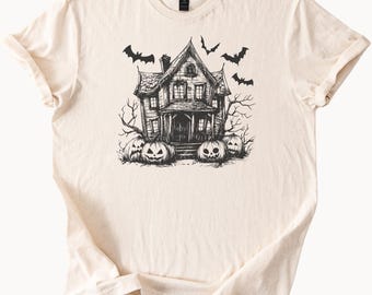 Haunted House Halloween Shirt Spooky Pumpkin Bats Graphic Tee Creepy Old Mansion Fall Ghost House Theme Shirt Halloween Party Outfit