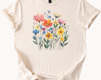 T-Shirt mit Wildblumen-Grafik, buntes Blumenmuster, Frühlings- und Sommer-T-Shirt mit botanischen Blumen, inspiriert von der Natur, Geschenkidee für Sie