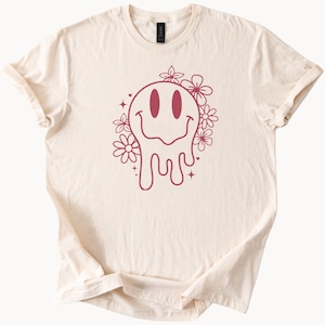 T-shirt met smeltende smiley bloemenprint Groovy Happy Shirt retro geïnspireerd grafisch T-shirt