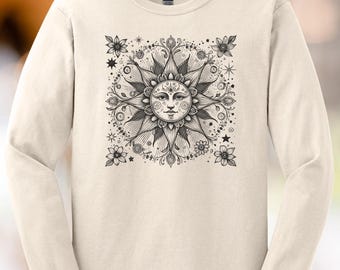 Boho Sun Face Mandala Long Sleeve Shirt Celestial Sunflower Graphic Tee Spiritual Artistic Floral Sun Shirt Gift for Nature Lover