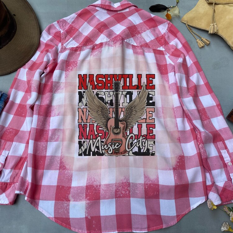 Nashville Music City Camicia di flanella sbiancata Boho Style Abbigliamento unico Plaid carino ideale per la moglie