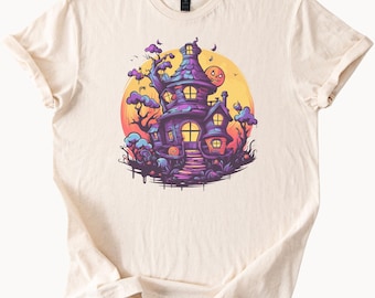 Haunted House Halloween T Shirt Spooky Cartoon Ghost Shirt Purple Moonlit Mansion Graphic Tee Creepy Tree Pumpkin Night Art Shirt