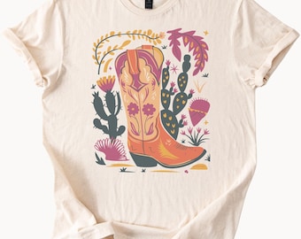 Western Cowboy Boot Graphic Tee Desert Cactus Floral Art Southwestern Country Shirt Texas Rodeo Wildflower T Shirt