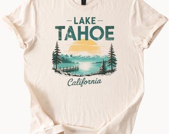 Lake Tahoe California graphic shirt with sunset pine trees and mountain lake view unisex outdoor nature travel souvenir tee