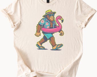 Bigfoot Summer Vacation Tee Sasquatch Flamingo Hawaiian Shirt Funny Cryptid Beach Outfit Graphic T Shirt Outdoors Lover Gift Idea