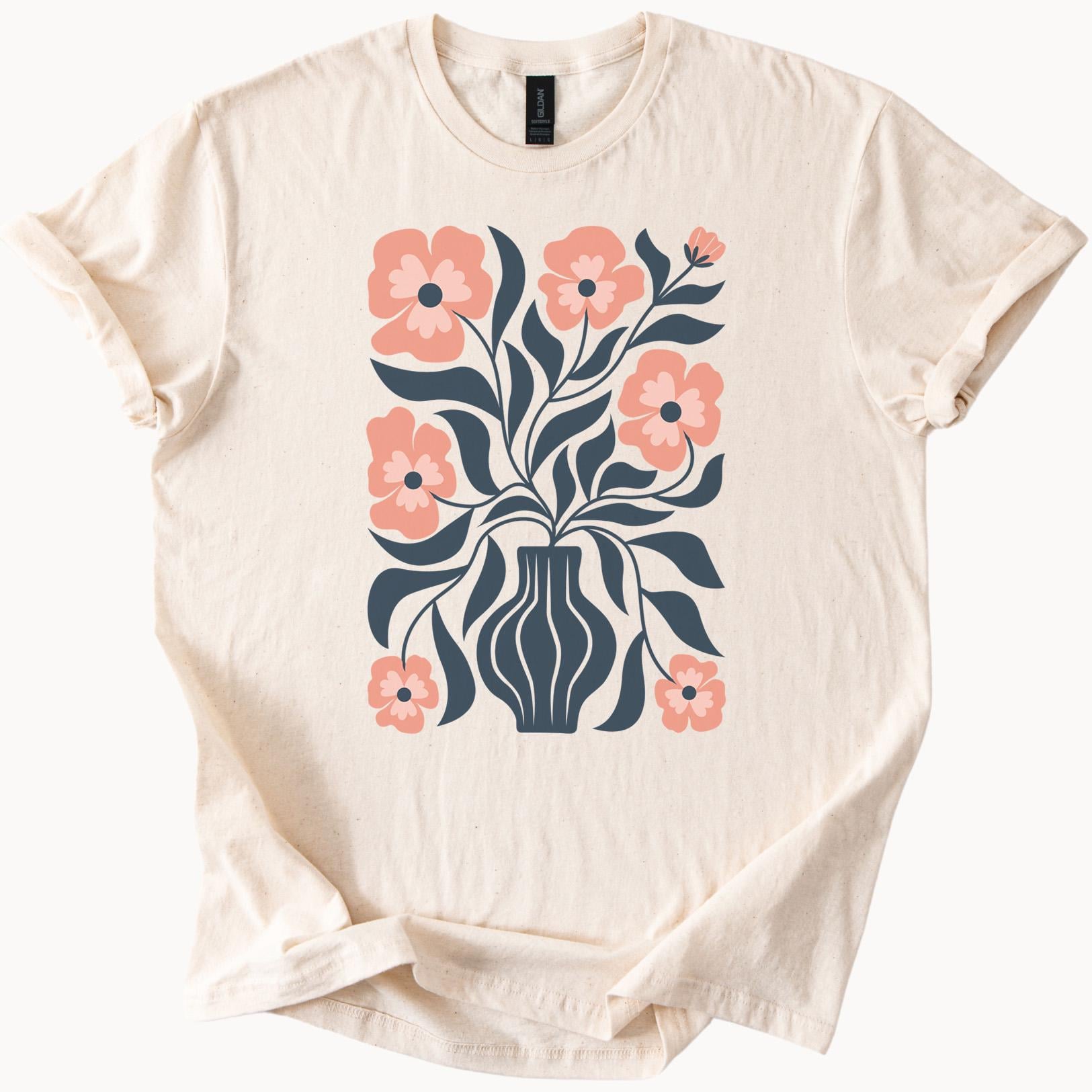 花瓶グラフィックTシャツ トレンディなフラワーシャツ ボタニカル