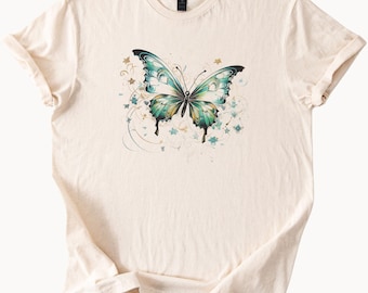 Teal Butterfly Floral Graphic TShirt Nature Lover Tee Unique Design Top