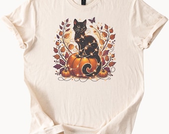 Schwarze Katze Kürbis Shirt Herbst Blätter niedlichen Halloween T-Shirt Grafik Katzenliebhaber Kürbis Gewürz Saison Shirt gemütliche Herbst Bekleidung