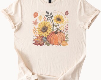 Camiseta con estampado de calabaza y girasol de otoño, camiseta con estampado floral de hojas de cosecha y bellota de Acción de Gracias, camiseta bohemia floral de otoño para mujeres y hombres