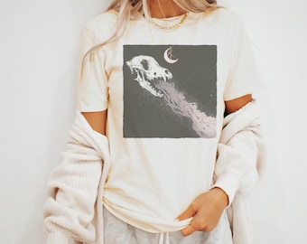 Skull Smoke Crescent Moon Hand Drawn Graphic Tee
