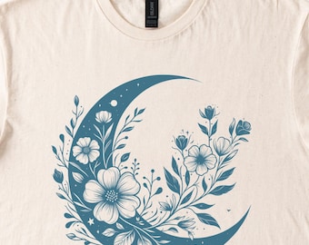 Floral Crescent Moon T Shirt Boho Celestial Flowers Cotton Tee Natural Beige Color
