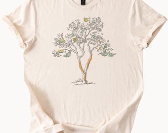 Botanische Baumzeichnung Grafik-T-Shirt Naturkunst-T-Shirt Minimalistisches Pflanzenillustrations-Blumengrafik-Shirt für Naturliebhaber