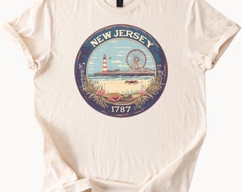 New Jersey Beach Boardwalk Lighthouse Ferris Wheel Graphic T Shirt Crab Ocean Scene 1787 State Souvenir Scenic Coastal Tee