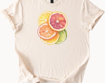Camiseta con gráfico de rodajas de cítricos, limón, naranja, lima, pomelo, unisex, ropa de verano.