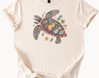 Camiseta de algodón natural con diseño de tortuga marina, estilo bohemio, con estampado floral, ideal como regalo para los amantes del océano y con un diseño único de tortuga.