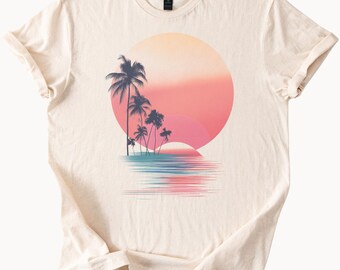Retro Sunset Palm Trees Surfer Graphic Tee Beach Vibes TShirt