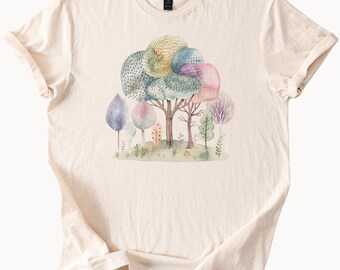Camiseta con bosque de acuarela, camiseta gráfica con árboles caprichosos, camiseta para amantes de la naturaleza, top de bosque colorido