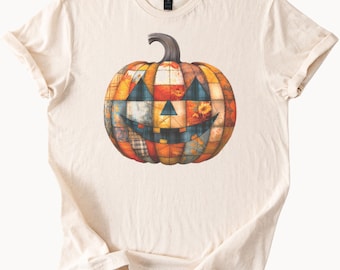 Herbst Kürbis Patchwork Halloween Shirt Gemütliches Herbst Jack O Lantern T Shirt Patchwork Kürbis Herbst Outfit Halloween Grafik T-Shirt