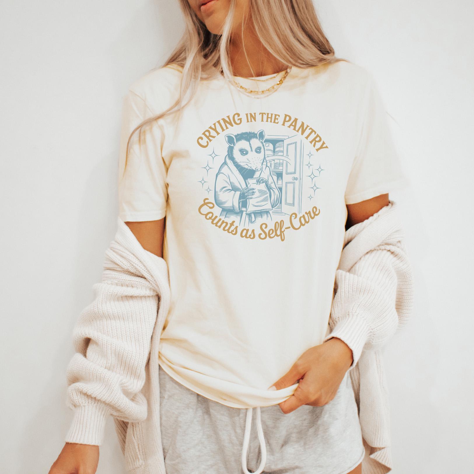 Relatable Merchandise Crying in the Pantry Possum Self Care Graphic Tee Funny Mental Health ...