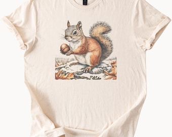 Écureuil tenant un gland graphique T-shirt Art animalier nature en coton doux col rond écureuil amoureux cadeau faune des bois automne