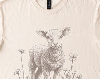 Lamb in Wildflower Meadow Pen and Ink Graphic Tee