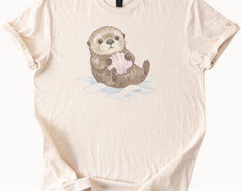 Cute Otter Holding Seashell Graphic T Shirt Ocean Animal Lover Gift Sea Otter Art Tee Nature Wildlife Shirt Adorable Otter Top