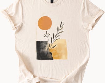 Boho Sun Plant Graphic Tee Natural Cotton Shirt Minimalist Nature Lover Top Artistic Womens Clothing Unique Design