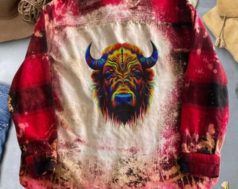 Bison Colorful Bleached Flannel Shirt Hippie Design Upcycled Flannel Plaid Colorful Perfect For Loved Ones