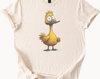 Maglietta con anatra divertente dei cartoni animati, maglietta grafica con simpatico uccello giallo, maglietta con personaggio animale eccentrico, regalo unico per gli amanti degli animali, maglietta con anatra grafica