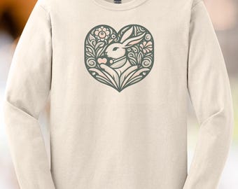 Heart Rabbit Floral Art Shirt Nature Bunny Graphic Long Sleeve Tee Botanical Animal Lover Shirt Earthy Woodland Apparel