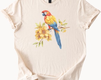 Colorful Parrot Graphic T Shirt with Tropical Yellow Flowers Watercolor Bird Art Nature Inspired Tee Animal Lover Gift Shirt