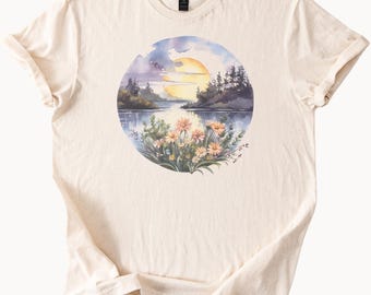 Sunset Lake Scene Graphic Tee with Wildflowers and Pine Trees Nature Landscape Art Shirt Outdoors Adventure TShirt for Women