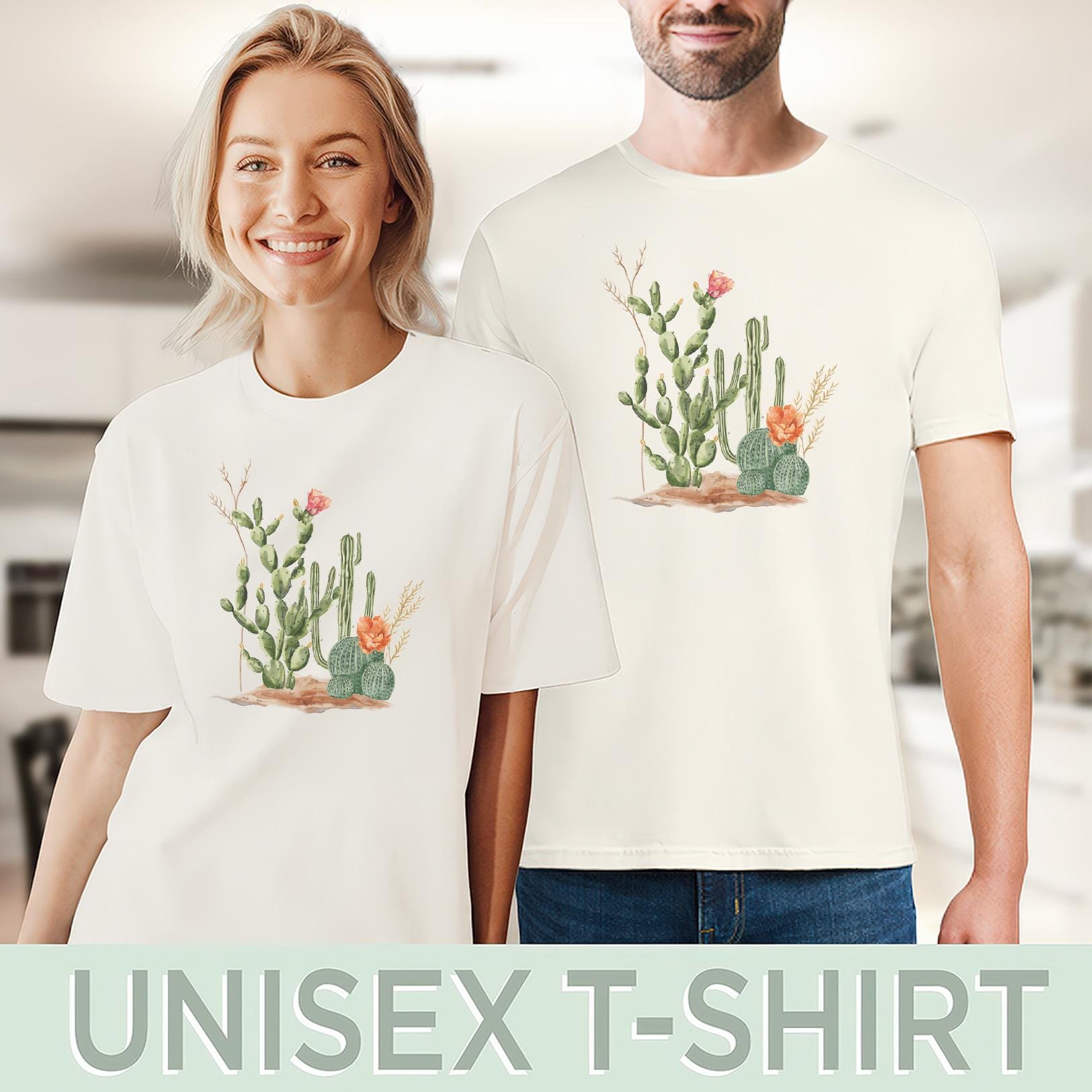 砂漠のサボテン園と咲き誇る花々を描いたグラフィックTシャツ、南西部