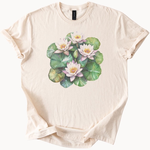 Water Lily Flower Graphic T Shirt Botanical Floral Art Tee Nature Inspired Lotus Blossom Shirt Unique Plant Lover Gift Shirt
