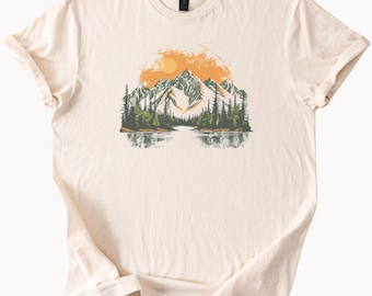 Mountain Sunset Forest Landscape Graphic Tee Nature Lake Shirt Outdoor Hiking Scene
